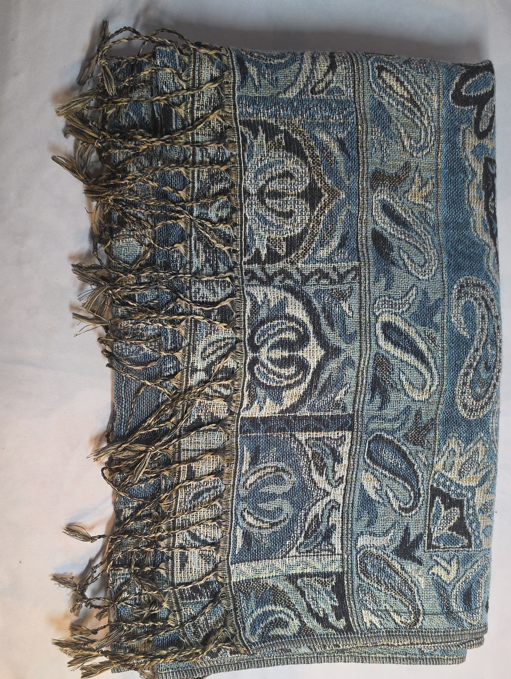 Blue Paisley Woven Tapestry/Shawl/headwrap with Cream Accents  64x26